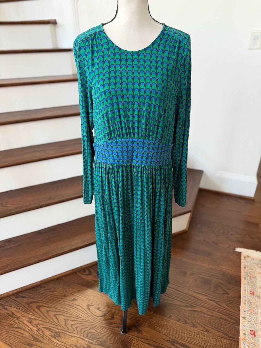 Boden Thea Green & Navy Geometric Mod Long Sleeve Midi Dress